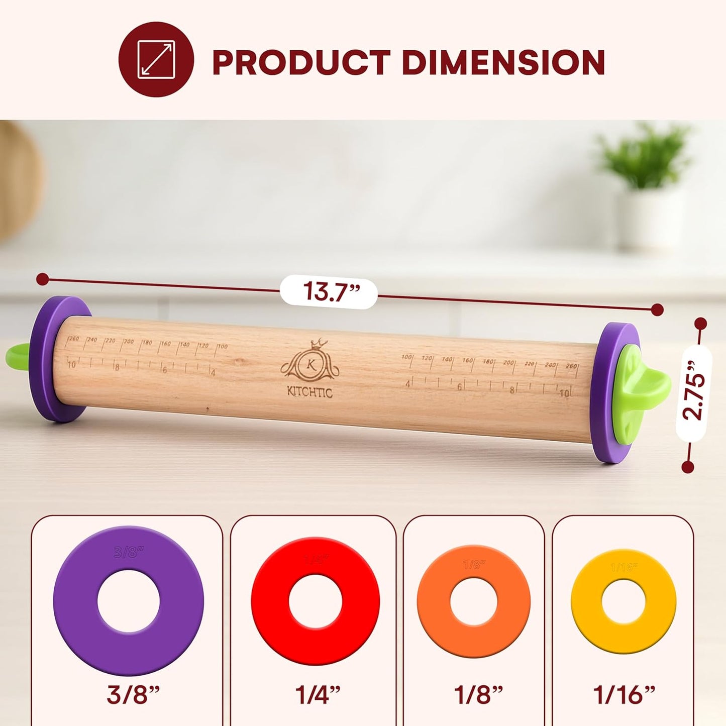 Kitchtic Rolling Pin with Thickness Rings - Adjustable Wooden Rolling Pin - Baking Essential and Roller Tool - Consistent Thickness - Easy to Clean - Beechwood Material - 13.7 x 2.75 x 2.75 inches