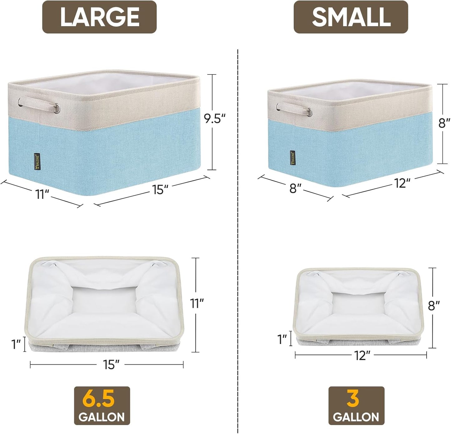 BALEINE 3 Pack Fabric Storage Bins for Shelves, Linen Storage Baskets for Organizing, Decorative Closet Bins for Clothes, Home (Skyblue, 15''x11''x9.5'')
