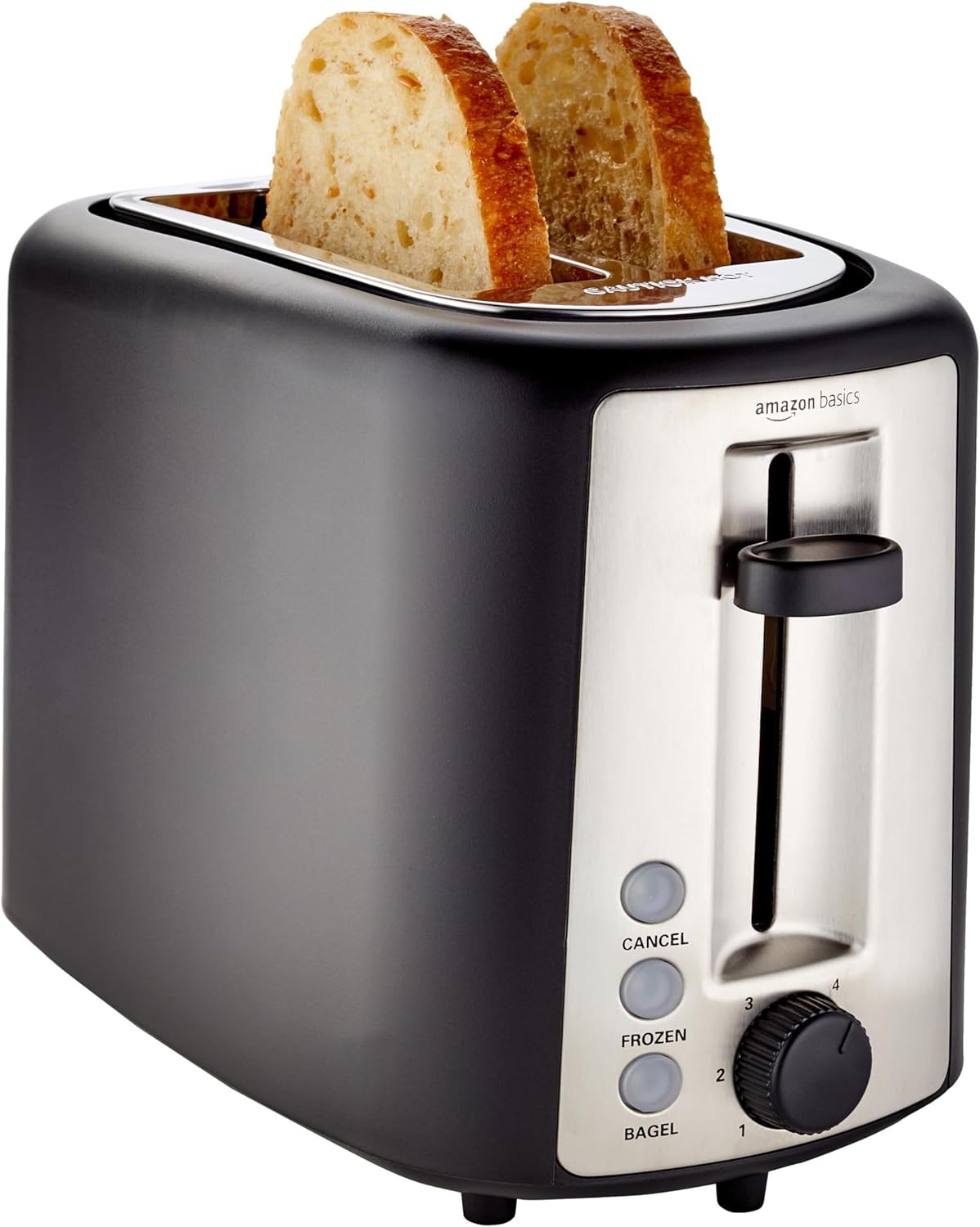 Amazon Basics 2 Slice Toaster, With 6 Browning Settings, Extra Wide Slots For Bagels and Special Breads, Removable Easy-to-Clean Crumb Tray, Cancel/Defrost/Bagel Buttons, 900W, Black & Silver