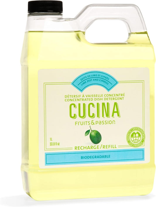 Fruits & Passion [Cucina] - Lime Zest & Cypress Tree Dish Soap Refill, All Natural Dish Detergent Liquid Refill, Vegan & Cruelty-Free, Clear Dish Soap Liquid Refill (33.8 fl oz)