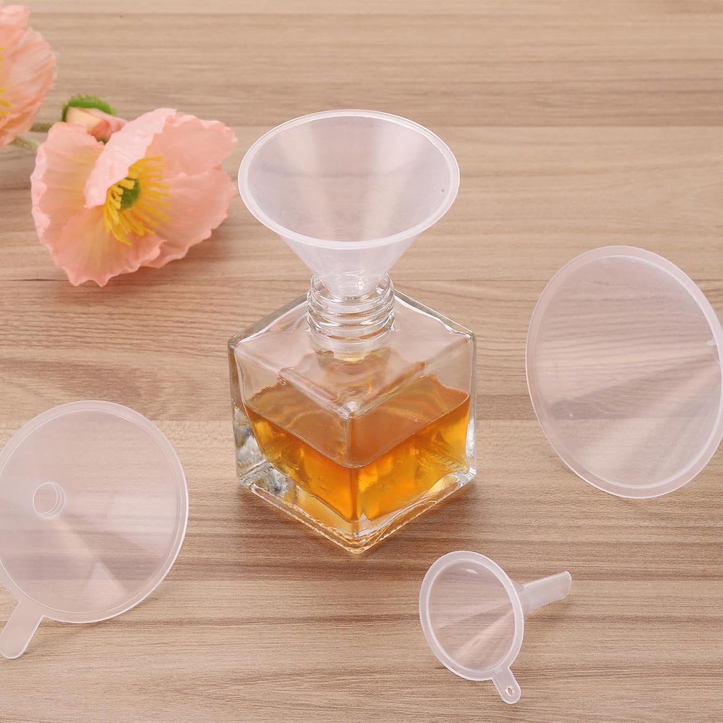 PATIKIL 3.5 Inch Clear Plastic Funnel, 4 Pcs Wide Mouth Multipurpose Transfer Funnel with Long Spout for Filling Water Bottle Liquid Lab Spices Powder Oil