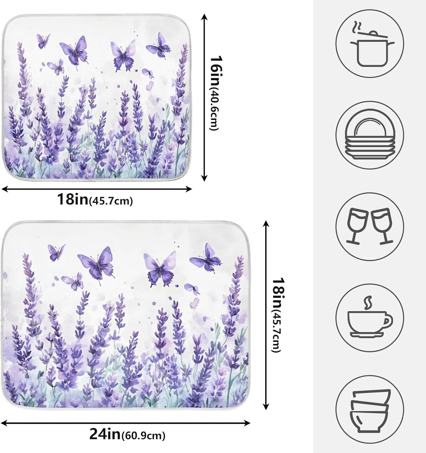 Purple Lavender Spring Summer Flower Floral Dish Drying Mat for Kitchen Counter Absorbent Microfiber Small Drying Pad Dish mats for Kitchen Countertops 16 x 18 Inch