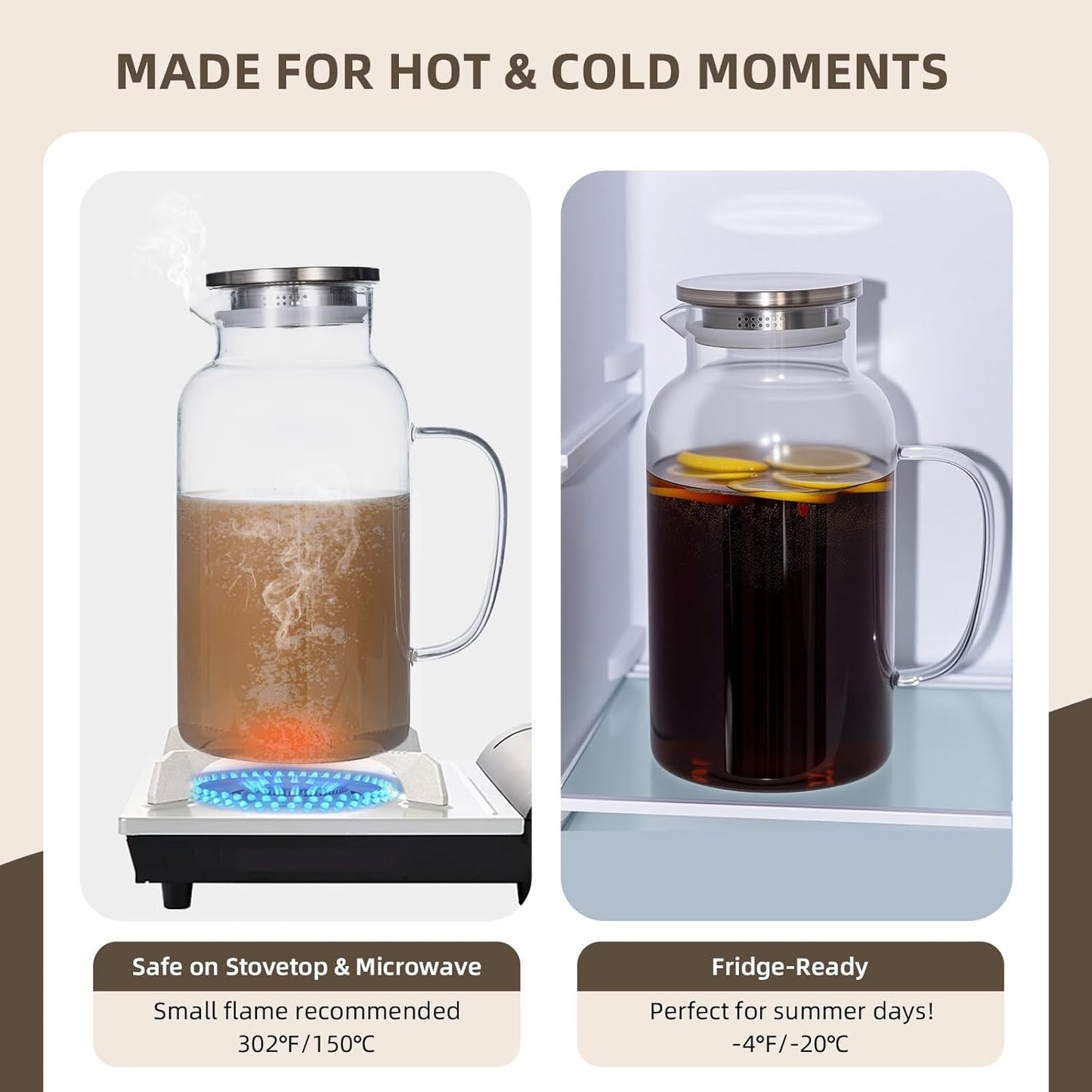 Glass Water Pitcher with Lid and Spout, 1 Gallon Heat Resistant Borosilicate Glass Carafe, Temperature Safe