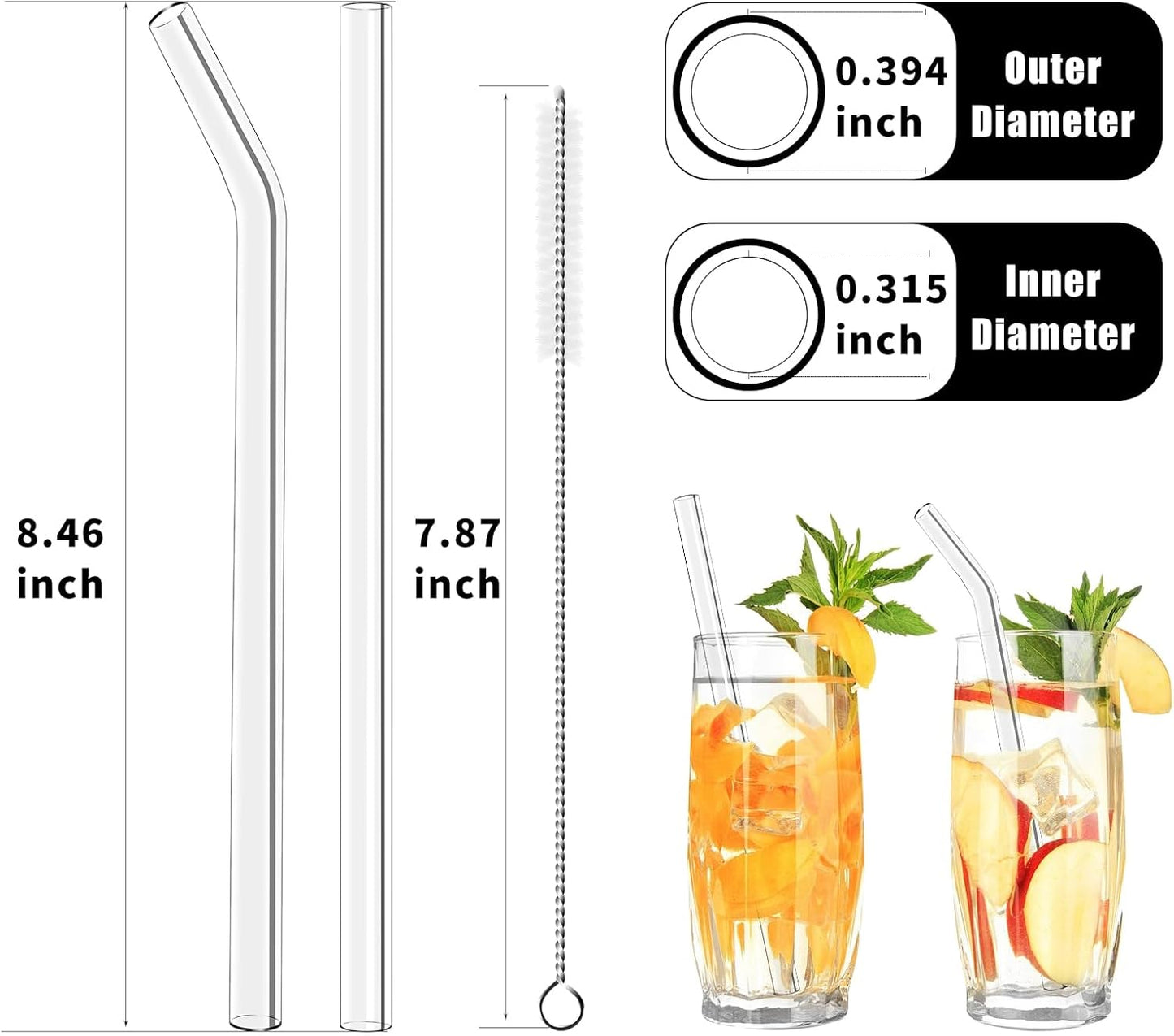 Lazycorner Reusable Glass Straws Set 16 Pcs 8.5''x 10MM Straight Clear Glass Drinking Straws, Set of 16 with 4 Cleaning Brushes. Reusable Straws Perfect For Smoothies, Tea, Juice-Clear Cocktail.