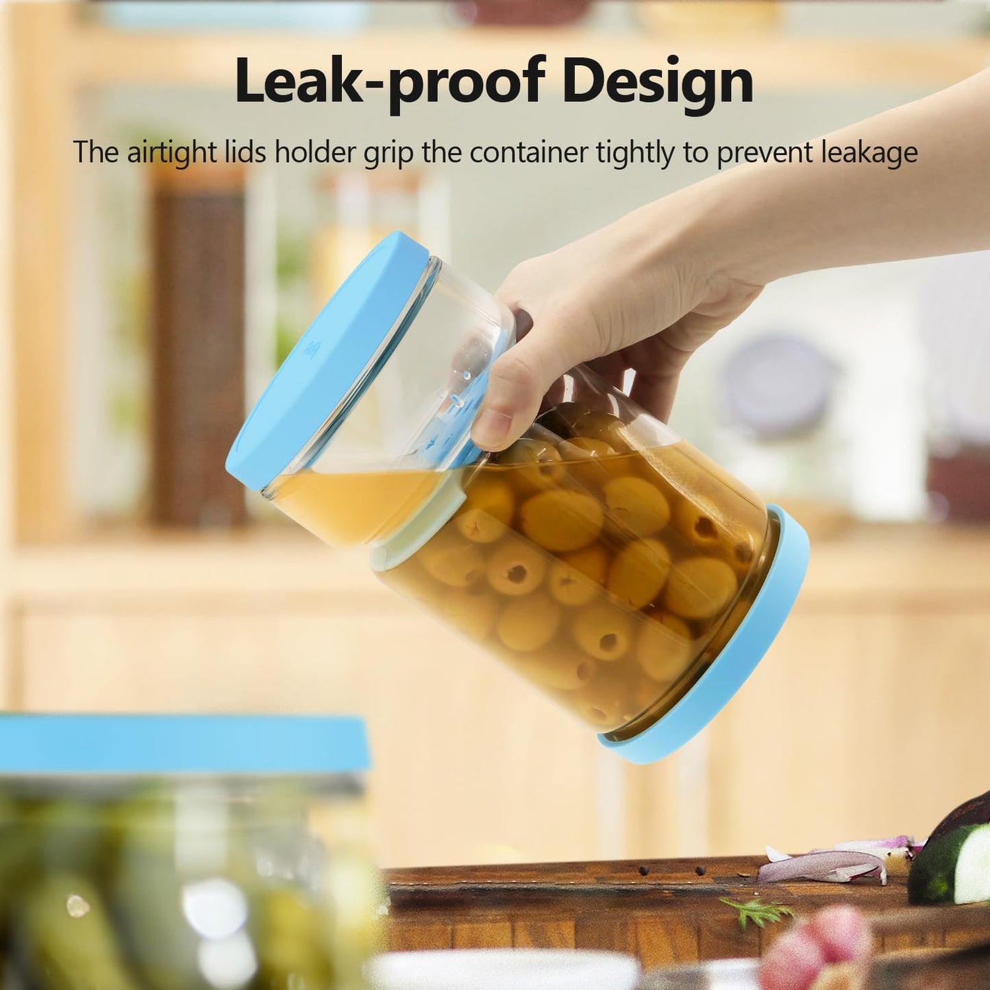 Glass Pickle Jar with Strainer Flip for Pickle Lover - 45 OZ Leakproof Airtight Juice Separator for Olive, Gherkin or Chilli, BPA Free, Dishwasher and Refrigerator Safe (Blue, 45 oz*1 pack)