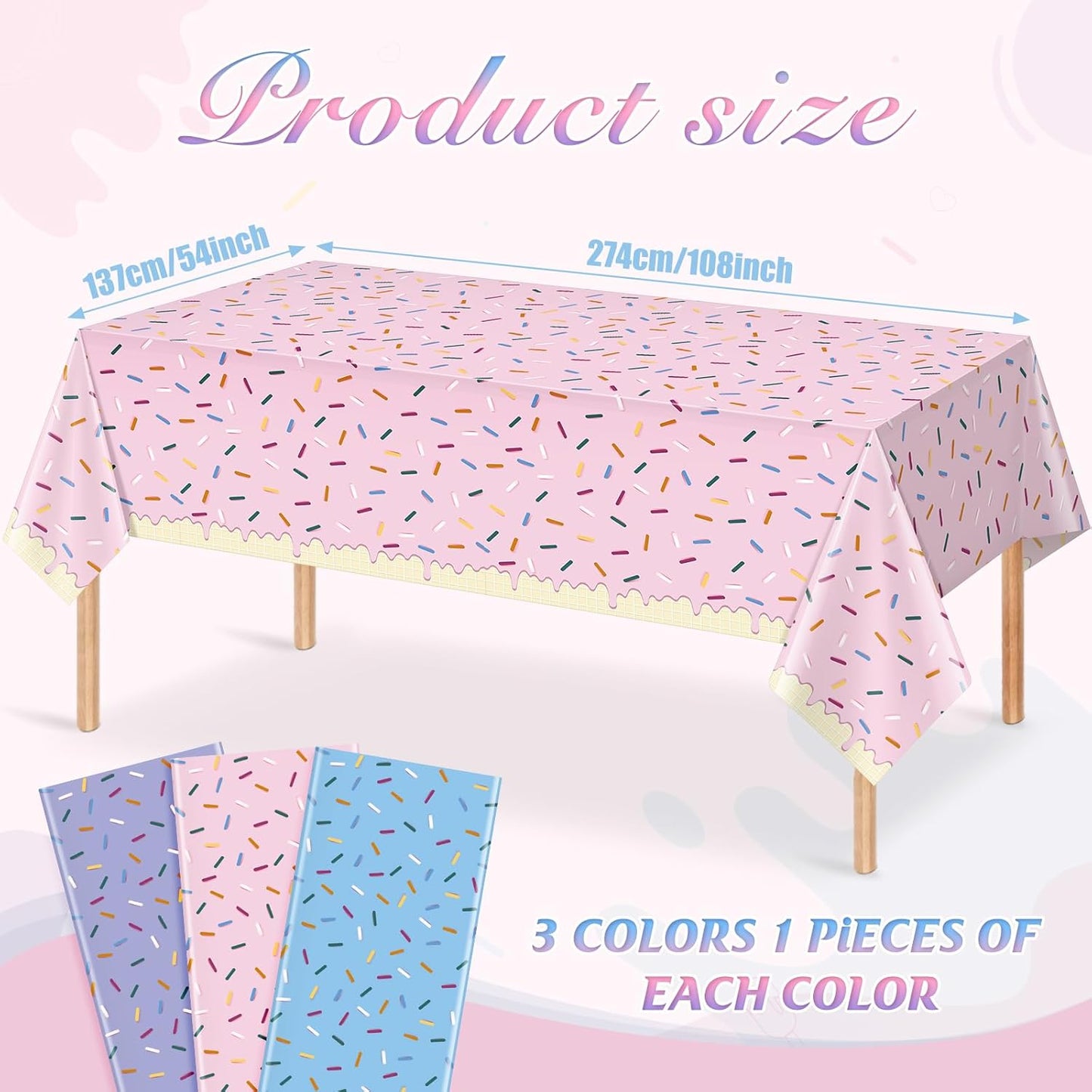 3pcs Sprinkle Ice Cream Party Decorations Tablecloths,Disposable Plastic Rectangle Table Covers for Baby Shower Sweet One Girl Birthday Donut Themed Party Supplies, 3 Color,54 X 108 Inch