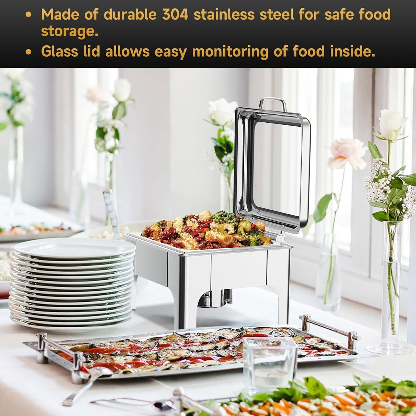 Chafing Dishes for Buffet, 6QT Square Stainless Steel Chafing Dish with Transparent Hydraulic Lid, 304 Food Pan, Buffet Warmer for Parties and Events (Silver)