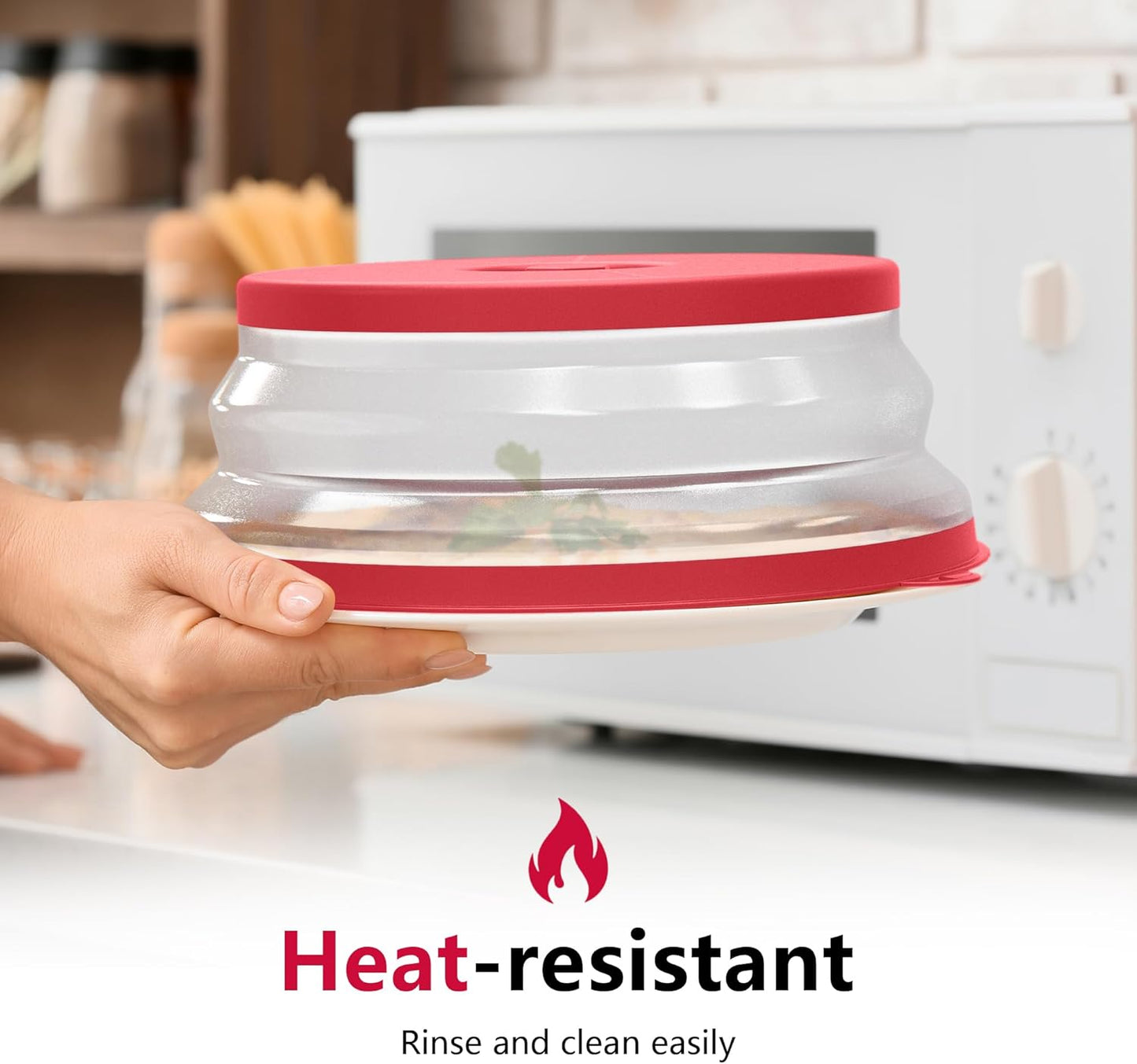 WVM Microwave Splatter Cover Vented for Food with Hook Hole, Splatter Guard & Colander Kitchen Gadget for Food, Meal Prep, Red