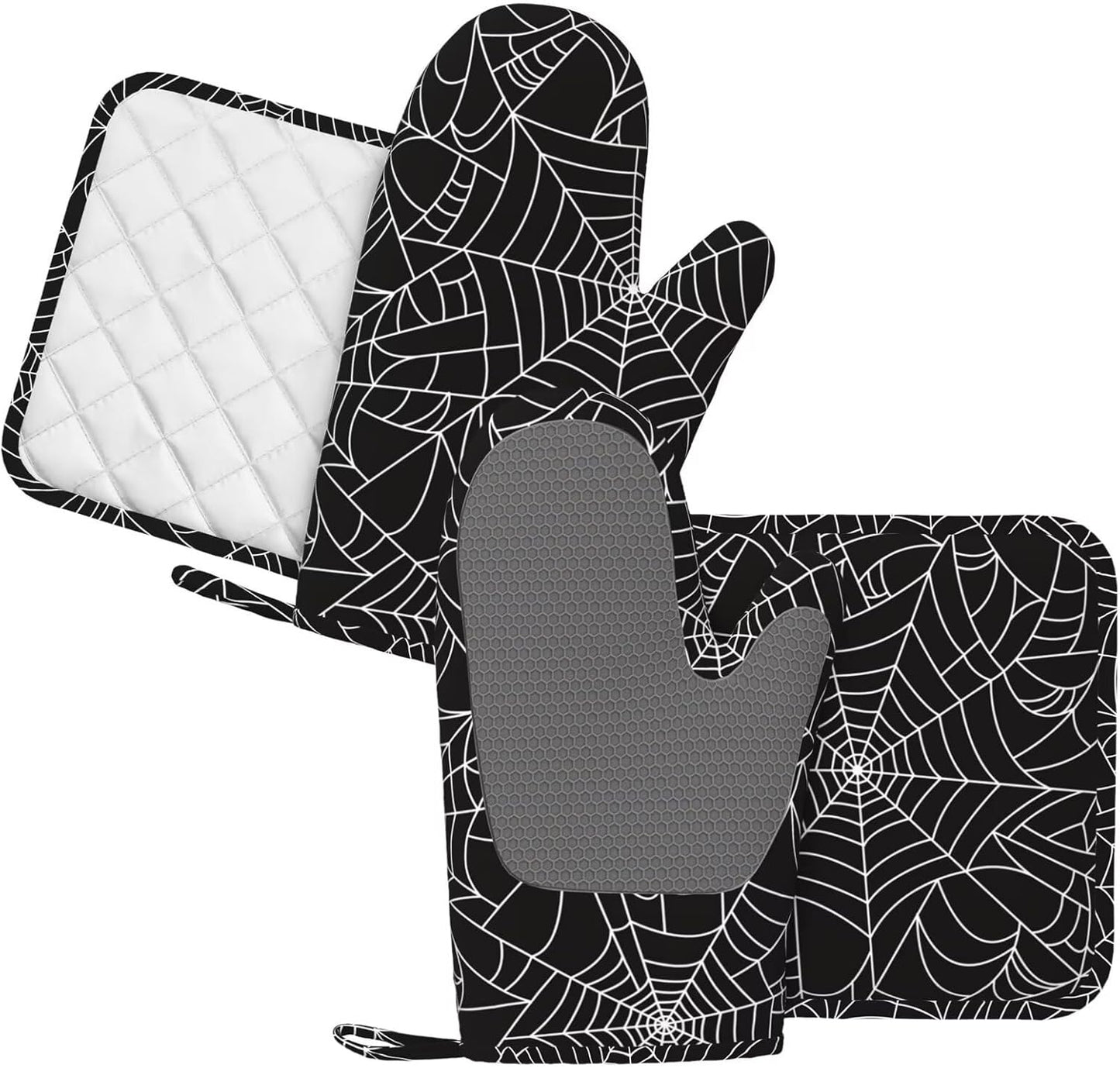 Black and White Spider Web Oven Mitts and Pot Holders Set of 4 Silicone Spiderwebs Kitchen Mitten Gloves and Non-Slip Potholders Set Heat Resistant Oven Gloves Hot Holders for Kitchen