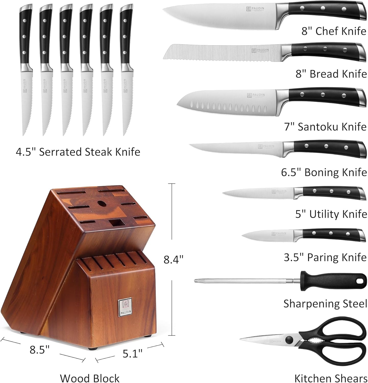 PAUDIN Knife Block Set, 15 Pieces Knife Set with Block, High Carbon Stainless Steel Kitchen Knife Set with Sharpener, Knives Set for Kitchen with Full Tang Triple Rivet Handle