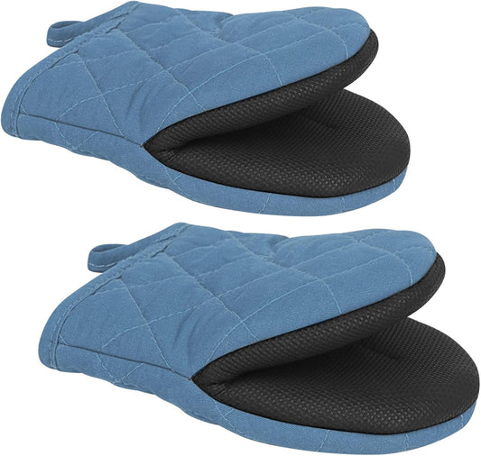 Qulable 1 Pair Short Oven Mitts - Silicone Kitchen Oven Gloves High Heat Resistant 500℉, Mini Oven Mits with Non-Slip Grip Surfaces and Hanging Loop for BBQ, Baking, Cooking and Grilling (Bule)