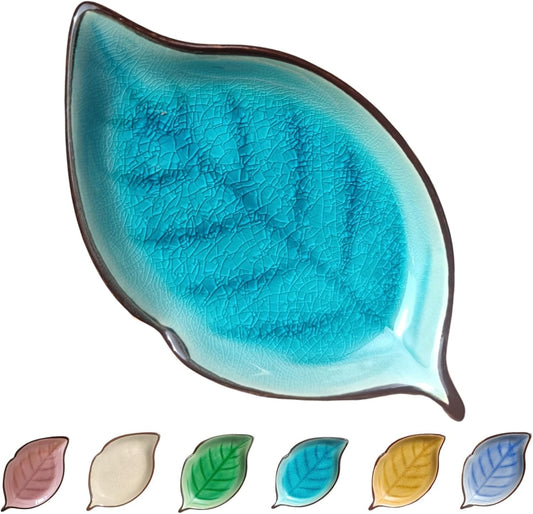 Ceramic Spoon Rest for Stove Top, Ice Cracks Leaf Cute Spoon Rest for Kitchen Counter, Cooking Spoon Holder for Kitchen Counter, Utensil Rest Spatula Rest Ladle Holder Tong Rest, 1 PC (A, Lake Blue)