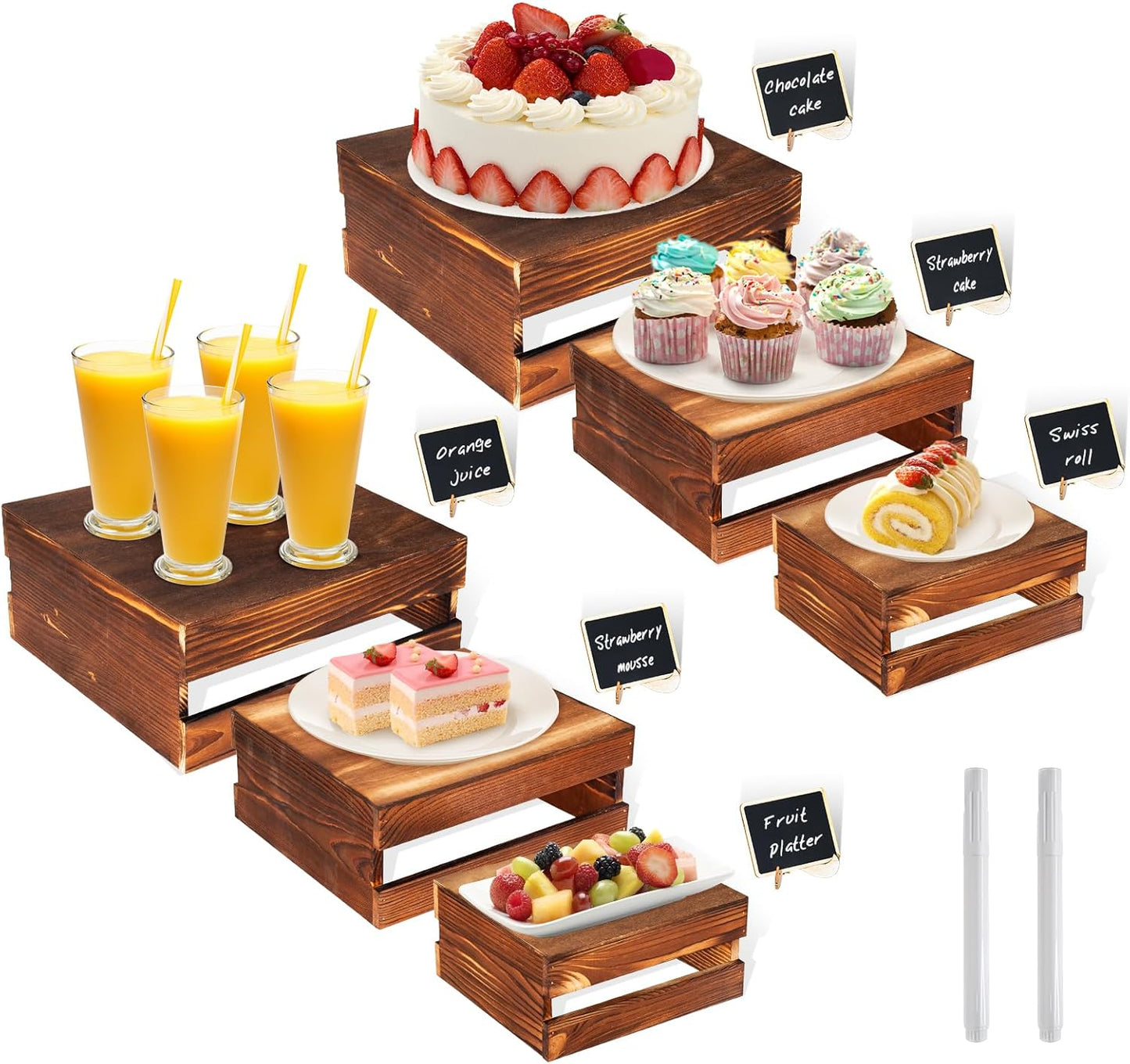 6 Pcs Buffet Risers with Mini Signs, Rustic Wood Cake Stands, Food Risers for Buffet Table, Dessert Display Stand, Wood Crates, Rustic Cake Stand for Party, Wedding, Birthday, Baby Shower, 3 Sizes