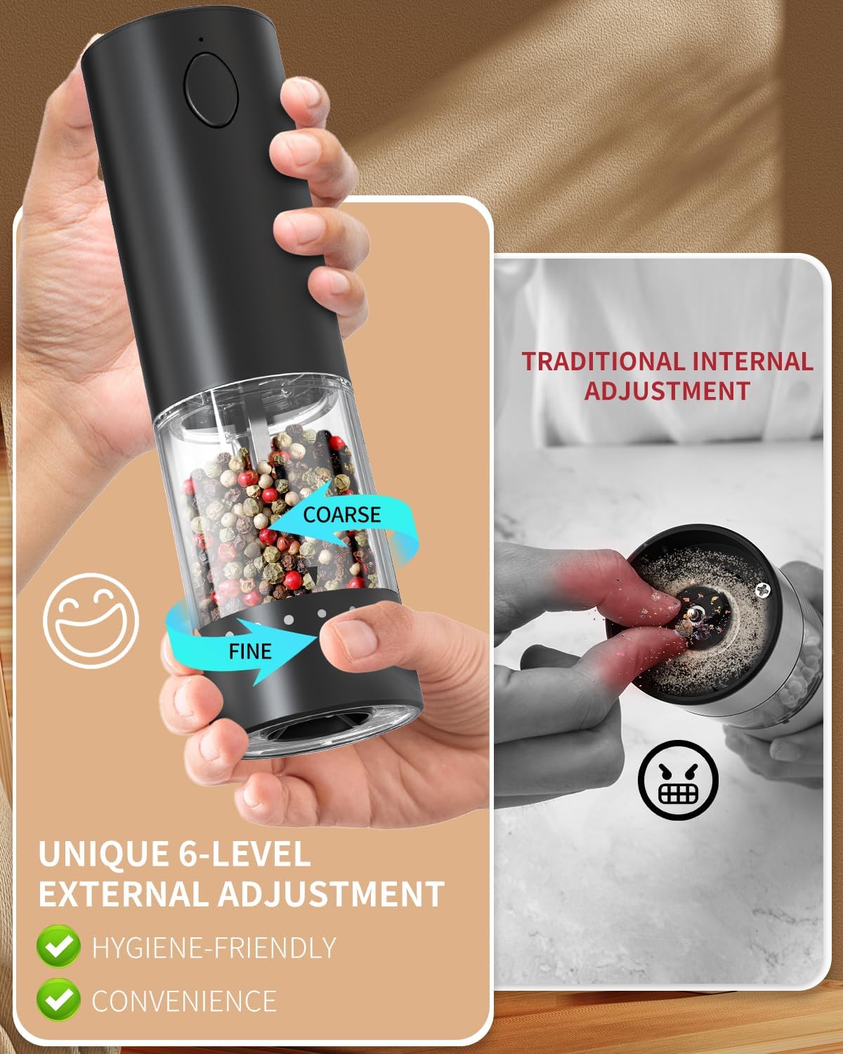 CIRCLE JOY Rechargeable Electric Pepper Grinder, Salt Grinder Pepper Mill with Washable 95ml Container, White LED Light and External Adjustable Coarseness, Black