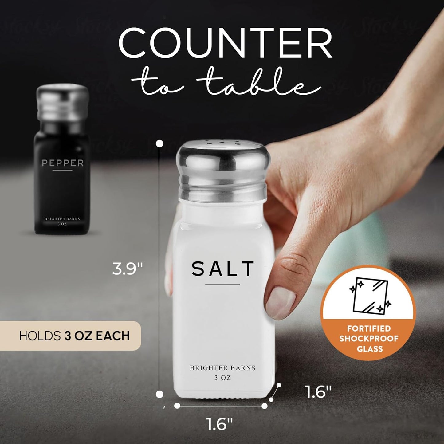 Farmhouse Salt and Pepper Shakers Set by Brighter Barns - Modern Kitchen Decor, Dining Table Countertop Accessory - Rustic, Vintage Glass Shakers with Stainless Steel Lids for Home, Restaurant