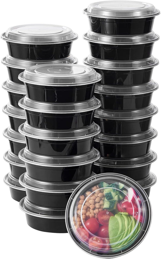 FULING 24 oz 50 ct Round Meal Prep Food Storage Containers with Lids To Go Plastic Lunch Plan Box Disposable Take Out Bowls Black BPA Free Reusable Durable Stackable Microwave Freezer Dishwasher Safe