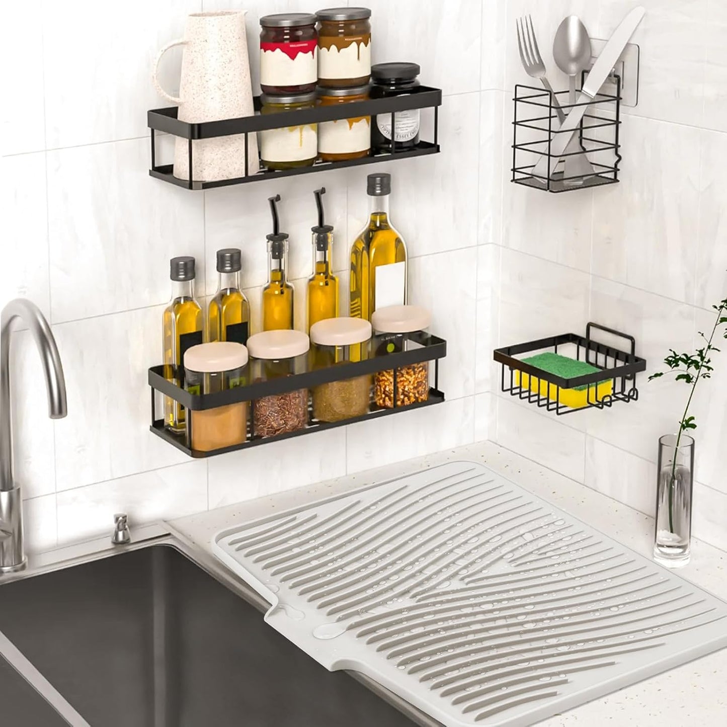 Silicone Dish Drying Mat, Stone Drying Mat for Kitchen Counter with Built-In Drain, Non-Slip Drain Pad with Built-in Drain, Heat Resistant Stone Drying Mat, 1Pcs 19.7" x 17", Cream