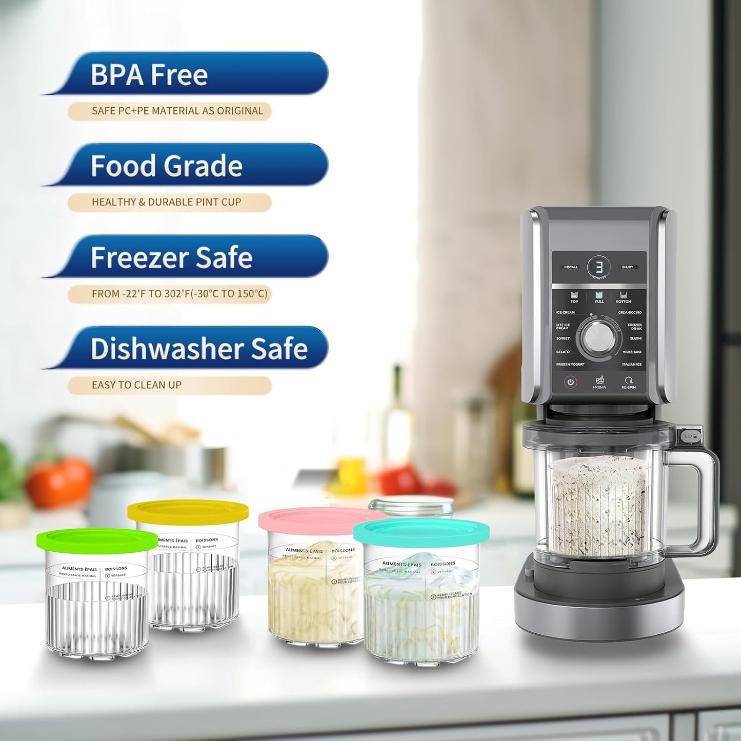 For Ninja Creami Deluxe NC500 NC501 Series Ice Cream Makers, BPA-Free & Dishwasher Safe, 24oz Pints with Color Lids (4 Pack), 11-in-1 XL Family Size Storage Containers for Ninja Creami Deluxe Pints