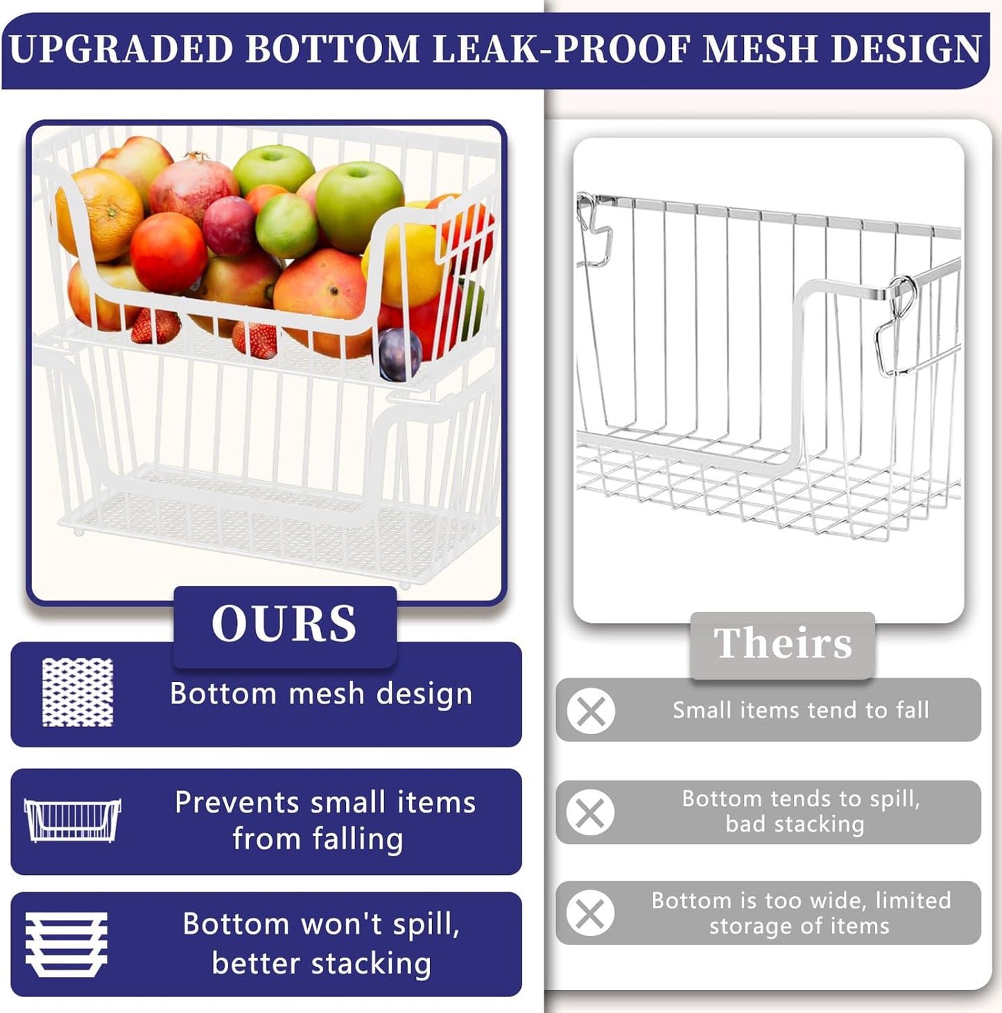 Enhanced Leak-Proof Bottom Stackable Wire Baskets, 6 Pack Pantry Organizers and Storage, pantry storage，Shelf Baskets, Fruit Basket, Potato and Onion Storage Bins，(White)