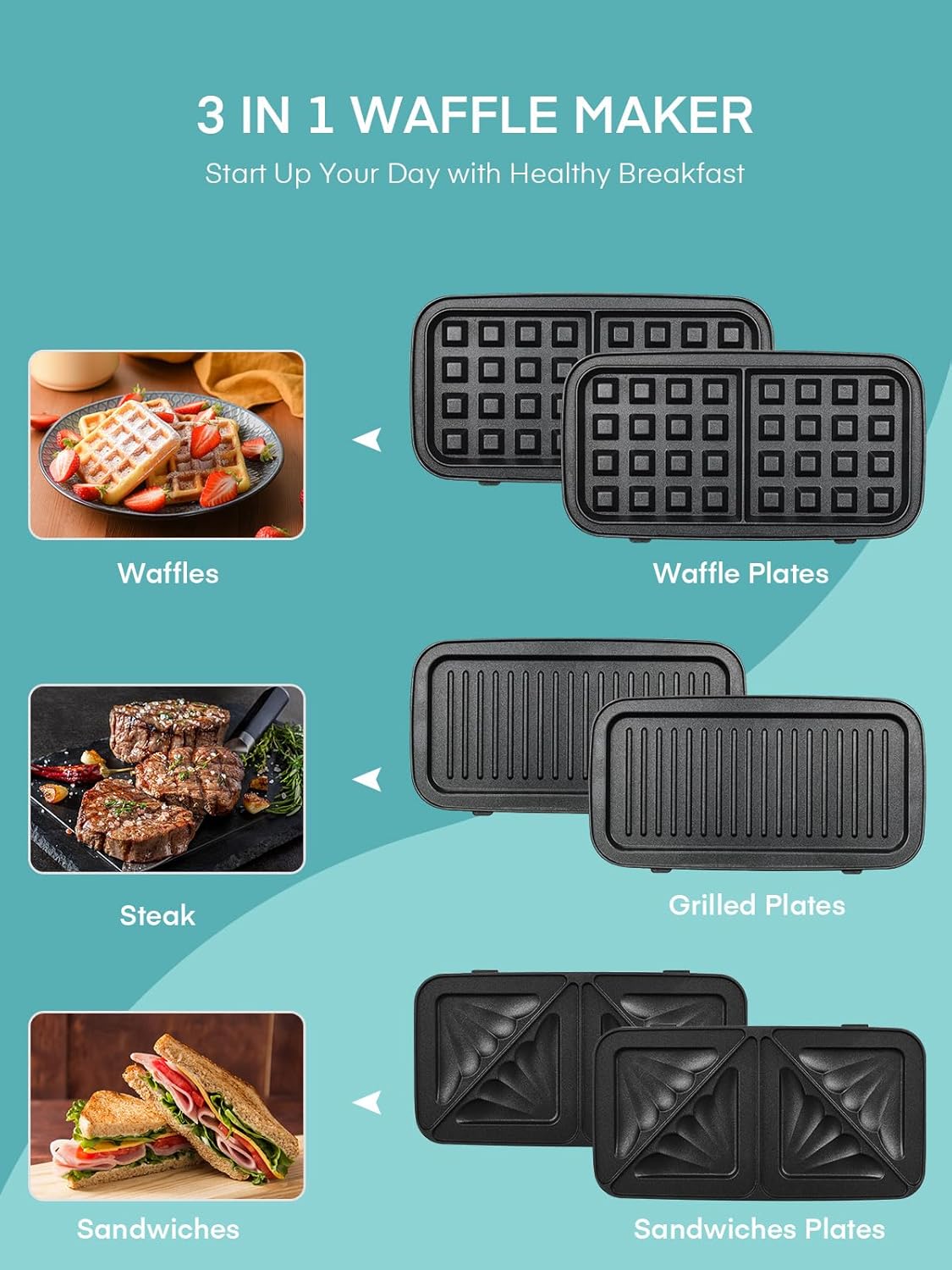 FOHERE Waffle Maker 3 in 1 Sandwich Maker 1200W Panini Press With Removable Plates and 5-gear Temperature Control, Non-stick Coating Easy to Clean,Indicator Lights, Blue