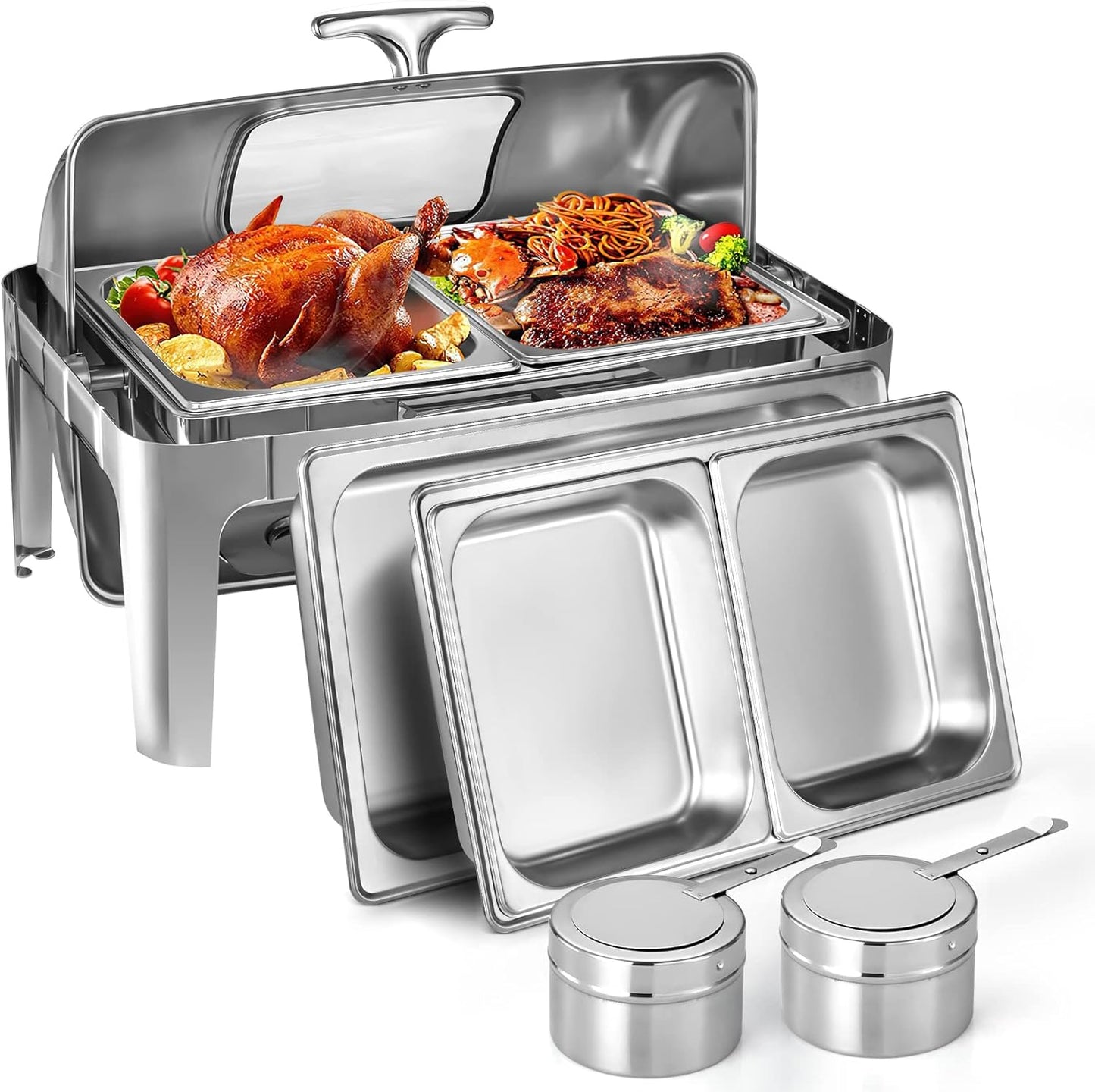 Chafing Dish Buffet Set, 9 QT Stainless Steel Roll Top Chafing Server Set, Food Warmers for Parties