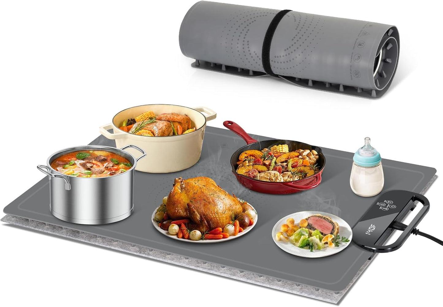 Electric Warming Tray with 7 Adjustable Temperatures, Hanging & Foldable Food Warmer Mat with Child Lock, 11 Timer Settings, Fast Heating Plate for Buffet, Paties, Family Gatherings, Holidays, Gray
