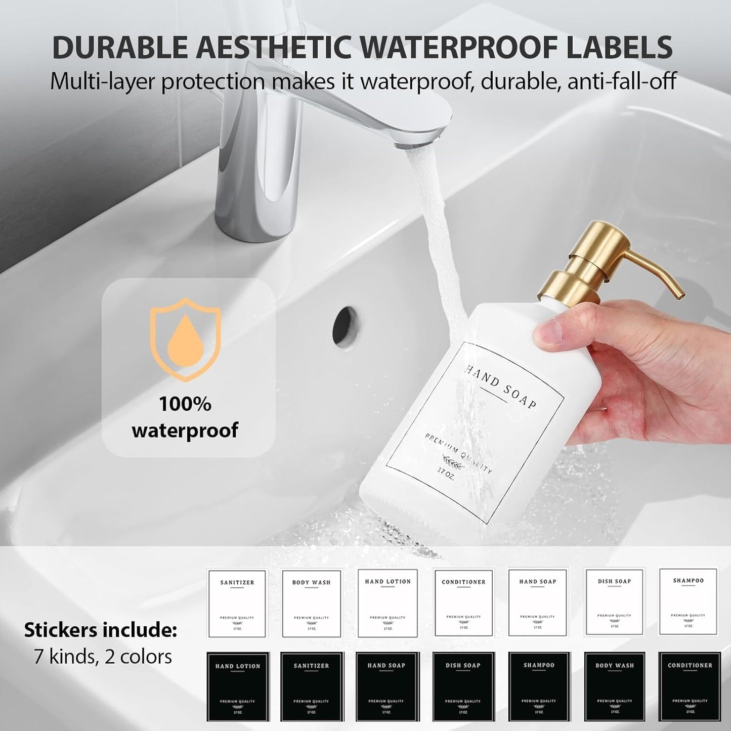 Gold Soap Dispenser Set, Glass Hand and Dish Soap Dispenser Set with Tray,Stainless Pump,14 Stickers for Kitchen,Bathroom Soap and Lotion Dispenser,Modern Counter Decor (White Bottle/Gold Pump)