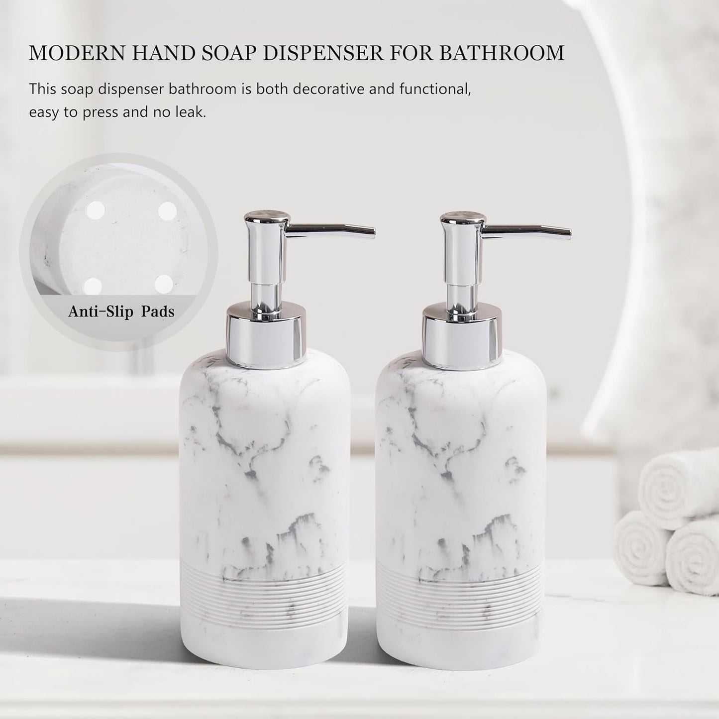 2pcs/Set Hand Soap Dispenser Sets - 10.8oz Refillable Resin Liquid Soap Dispensers with Rust-Proof Pump for Bathroom Countertop or Kitchen, Marble White