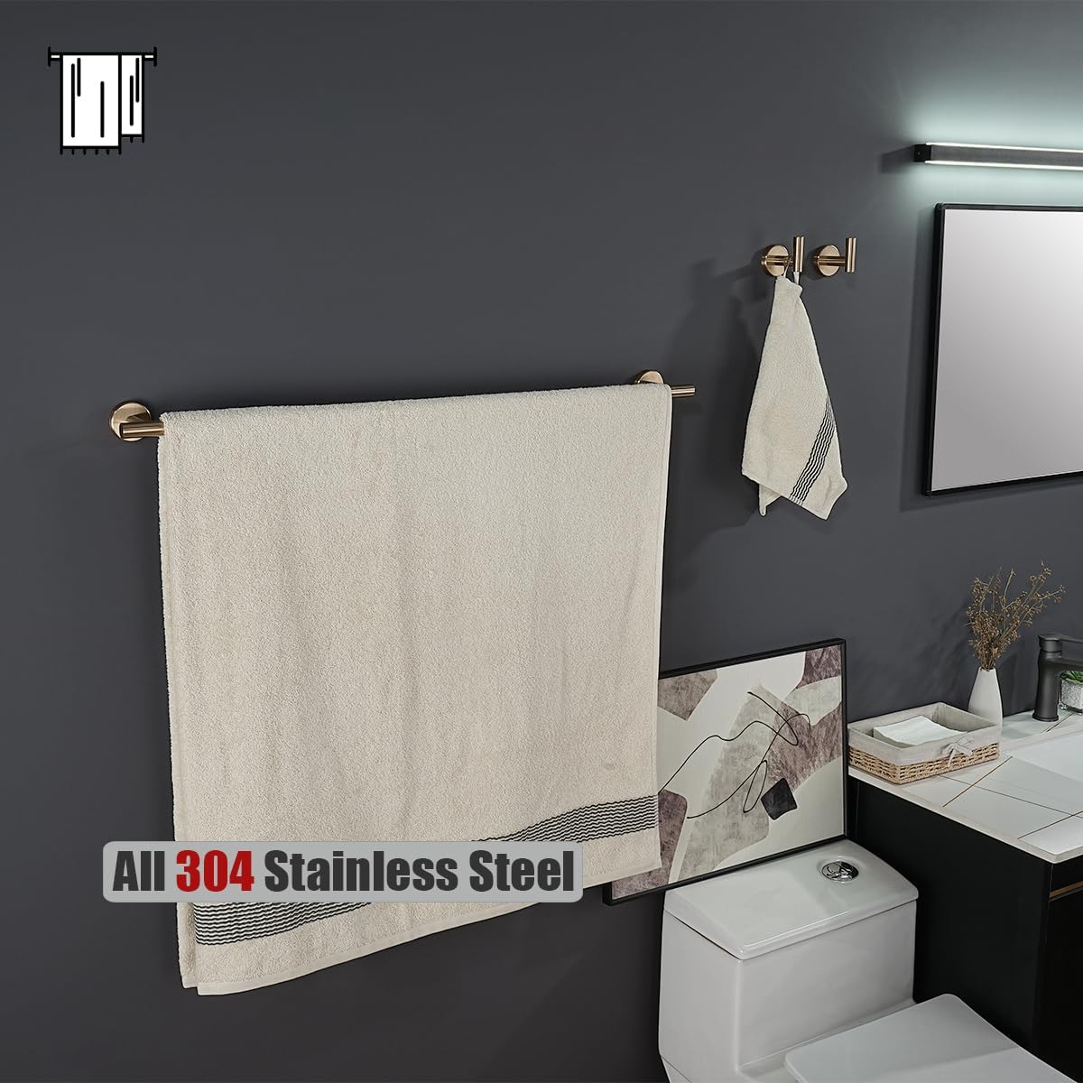 JQK Champagne Bronze Bath Towel Bar, 33 Inch 304 Stainless Steel Thicken 0.8mm Towel Rack Bathroom, Towel Holder Wall Mount, Useable Length 30 Inch, TB110L30-CB