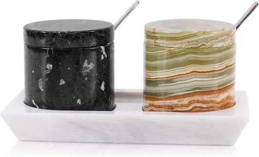 Radicaln Marble Salt Cellar With lid and Tray 3" Inch Black and Green Salt Container, Set of 2 for Kitchen countertop, Ideal Salt Bowl and Spice Storage Container