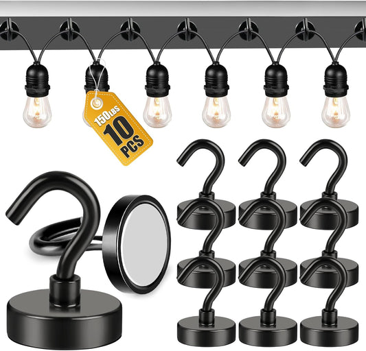 DIYMAG Outdoor Hooks for Hanging String Lights, Balck Magnetic Hooks Strong 150lbs+ Hanging Party Light Wall Cable for Outside 2025 Cruise Cabin Refrigerator Fridge Grills Must Have 10PCS