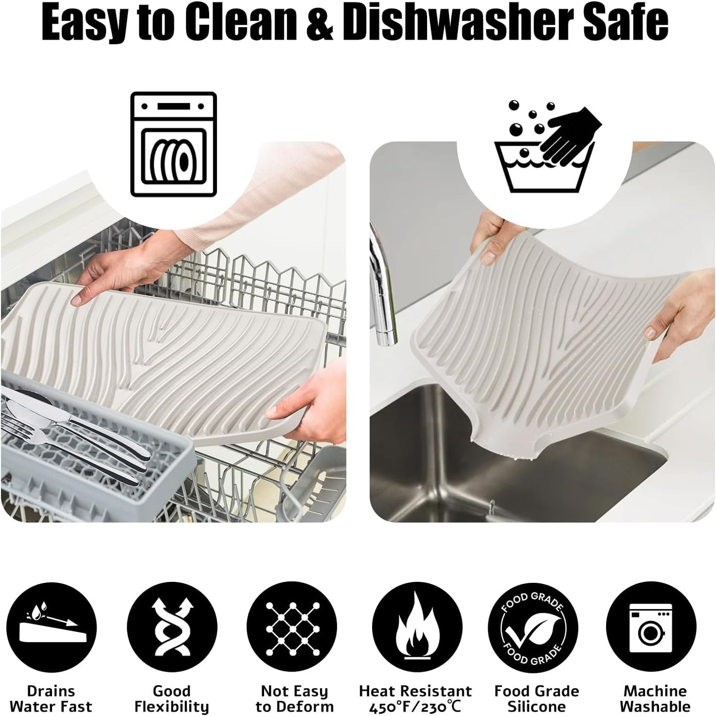 Dish Drying Mat, Stone Drying Mat for Kitchen Counter with Built-in Drain, Non-Slip Drying Matt Kitchen Counter, Heat Resistant Silicone Drying Mat, Dish Drying Pad, 2 Pcs (Cream 19.7" x 17")