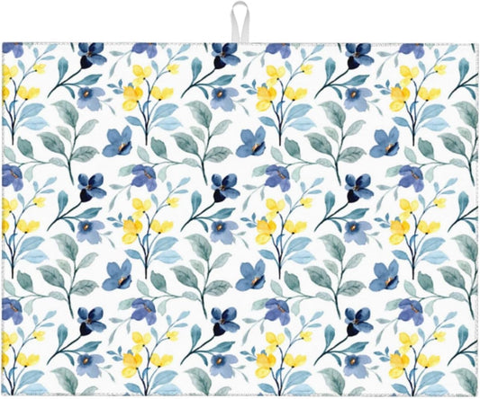 Floral Dish Drying Mat 18x24 for Kitchen Counter, Blue Yellow Flower Decorative Absorbent Coffee Mat Dish Drying Pad Coffee Bar Dish Drainer Rack Mat Drainer Mat