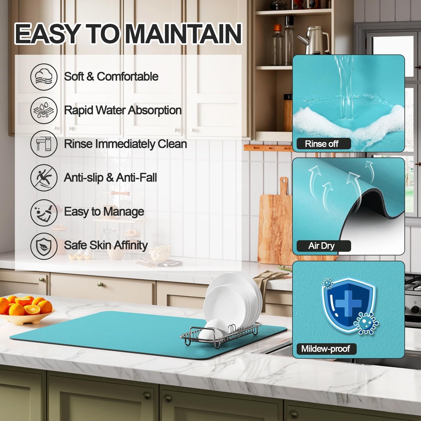 Dish Drying Mat for Kitchen Counter | Coffee Bar Mat for Countertops | Heat Resistant Drainer Mat with Non-slip Rubber Backed | Hide Stain Kitchen Absorbent Draining Mat | Turquoise 18"x24"