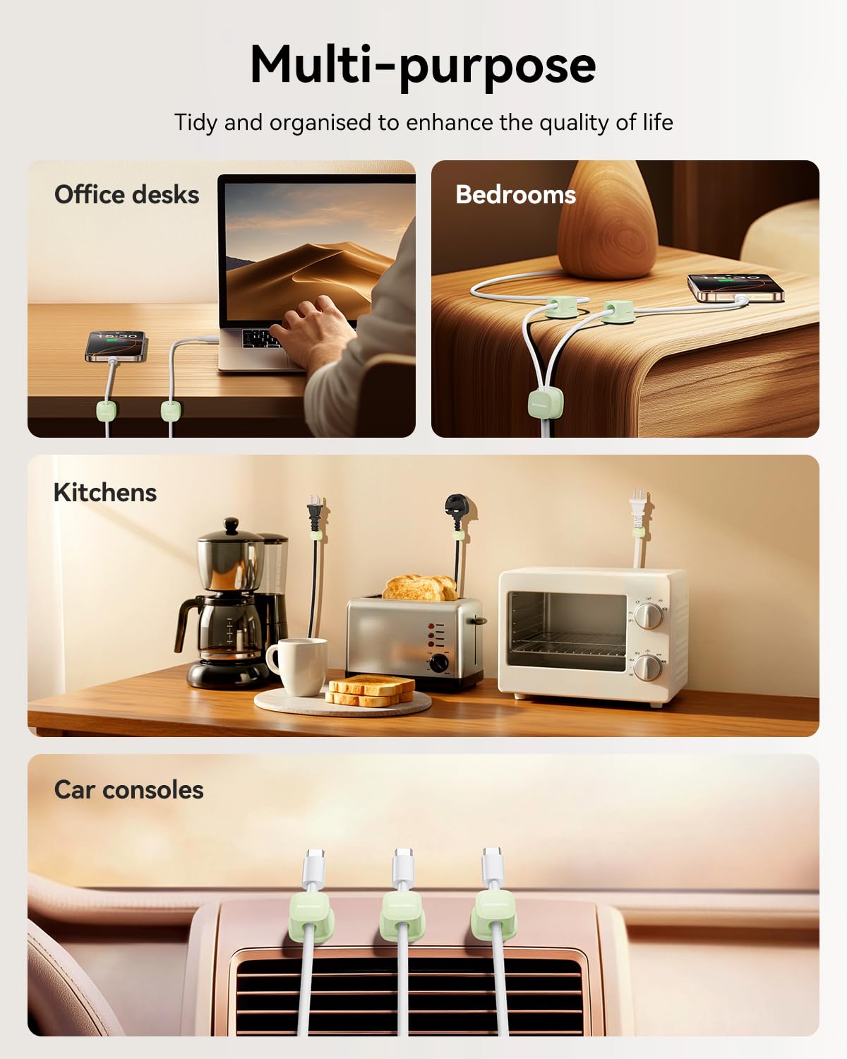 6 Pack Cable Management Cord Organizer, Magnetic Cable Clips-1s Lock, Rocoren Desk Adhesive Cord Cable Clip Wire Holder Keeper for Phone Charger Wire, Nightstand, Car, Office, Desktop Accessory, Green