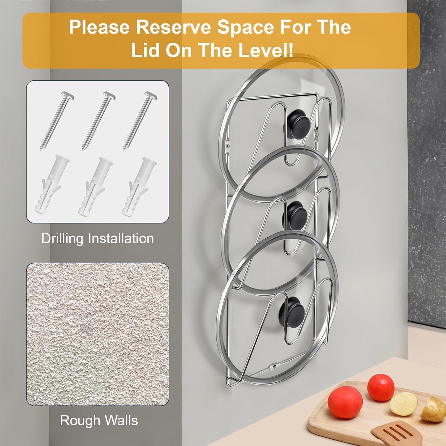 2 Pack Pot-Lid-Organizer, 6-Tier Pots and Pans Lid-Organizer for Cabinet Door/Wall, No Drilling Adhesive Wall/Door Mounted Rustproof Pot-Lid-Holder for Kitchen Organization - silver