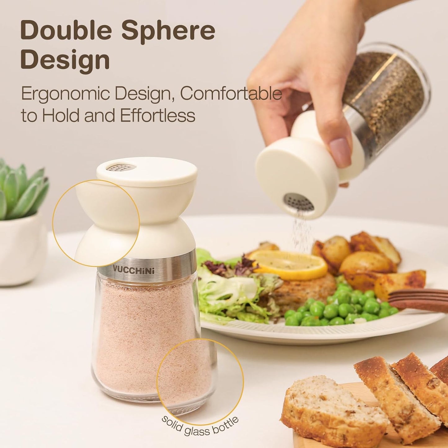 Vucchini Salt and Pepper Shaker Set 3 Adjustable Pour Holes, Dishwasher Safe, 5oz Large Capacity Spice Shaker for Kitchen & Camping (Cream)