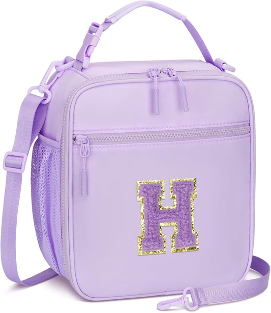 Initial Insulated Lunch Bag for Girls Kids, Back to School Gift, Reusable Leak-proof Lunch Box with Adjustable Strap for School Daycare Travel Picnic (Purple,H)