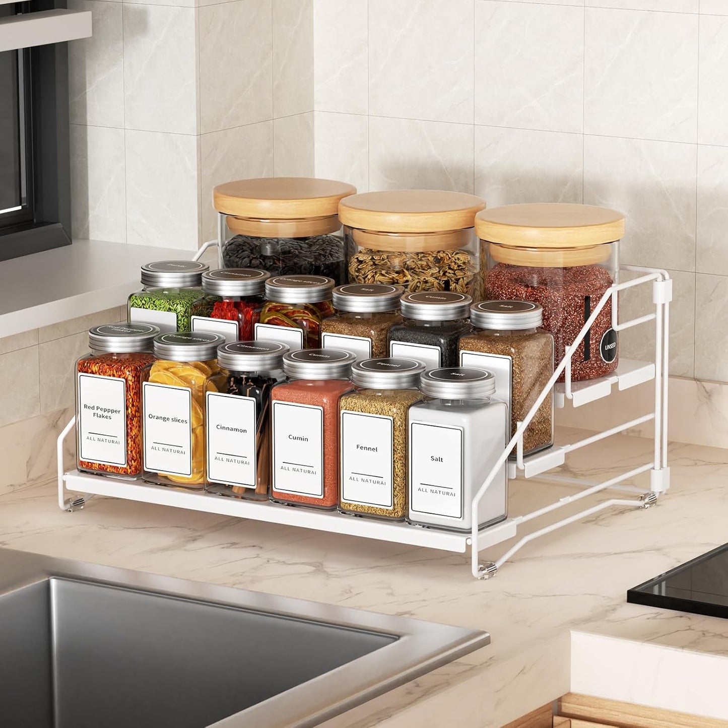 Tiered Spice Rack, 4 Tier Spice Shelf Organizer for Cabinet, Spice Rack Organizer, Depth Adjustable Seasoning Rack Organizer for Cabinet, Countertop, Pantry, Metal, White (1 Pack)