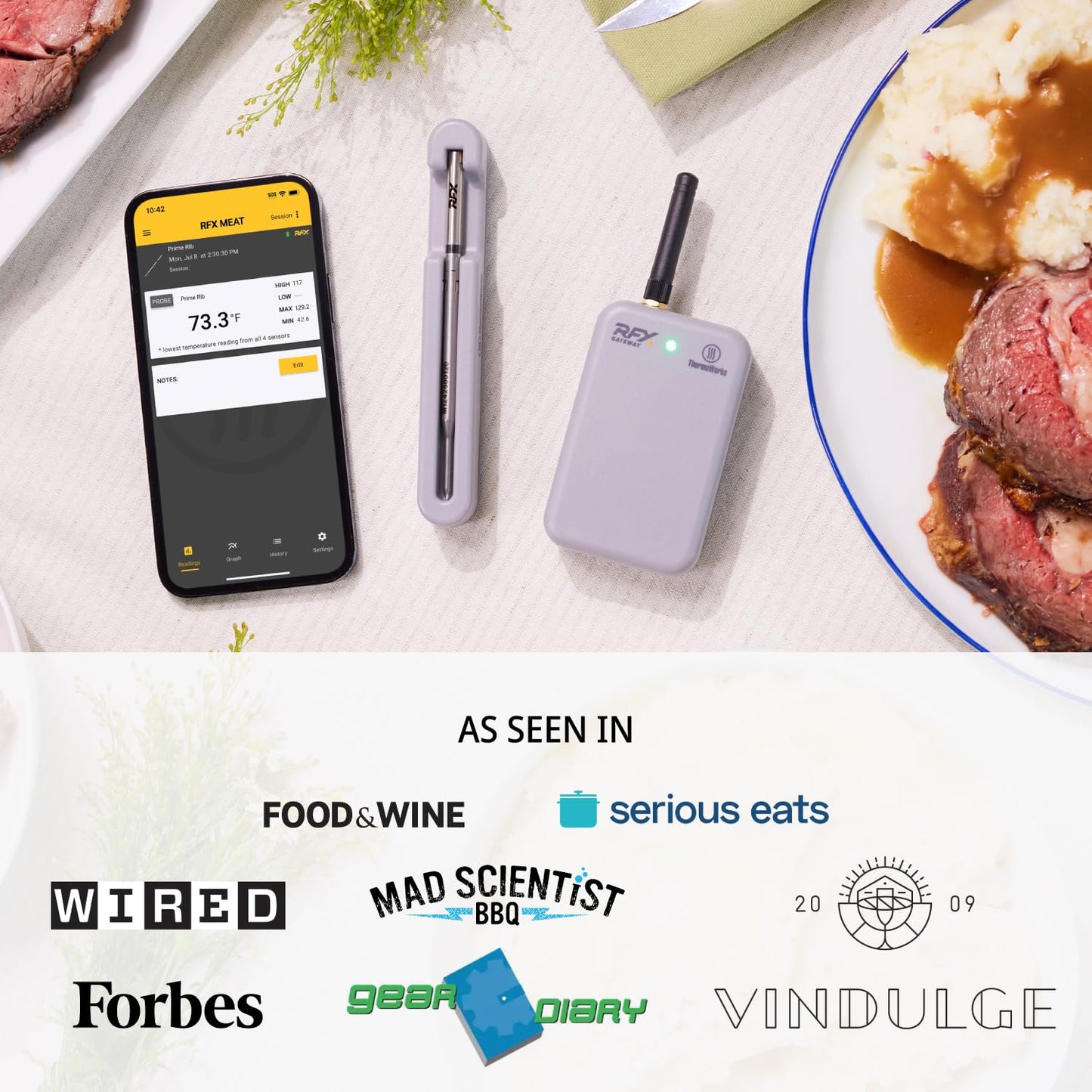 RFX | Smart Wireless Meat Thermometer | Wi-Fi & Radio Frequency | Stronger Signal Than Bluetooth | Meat Probe for Use in Smoker, Grill, BBQ, Oven - 6-Probe Kit