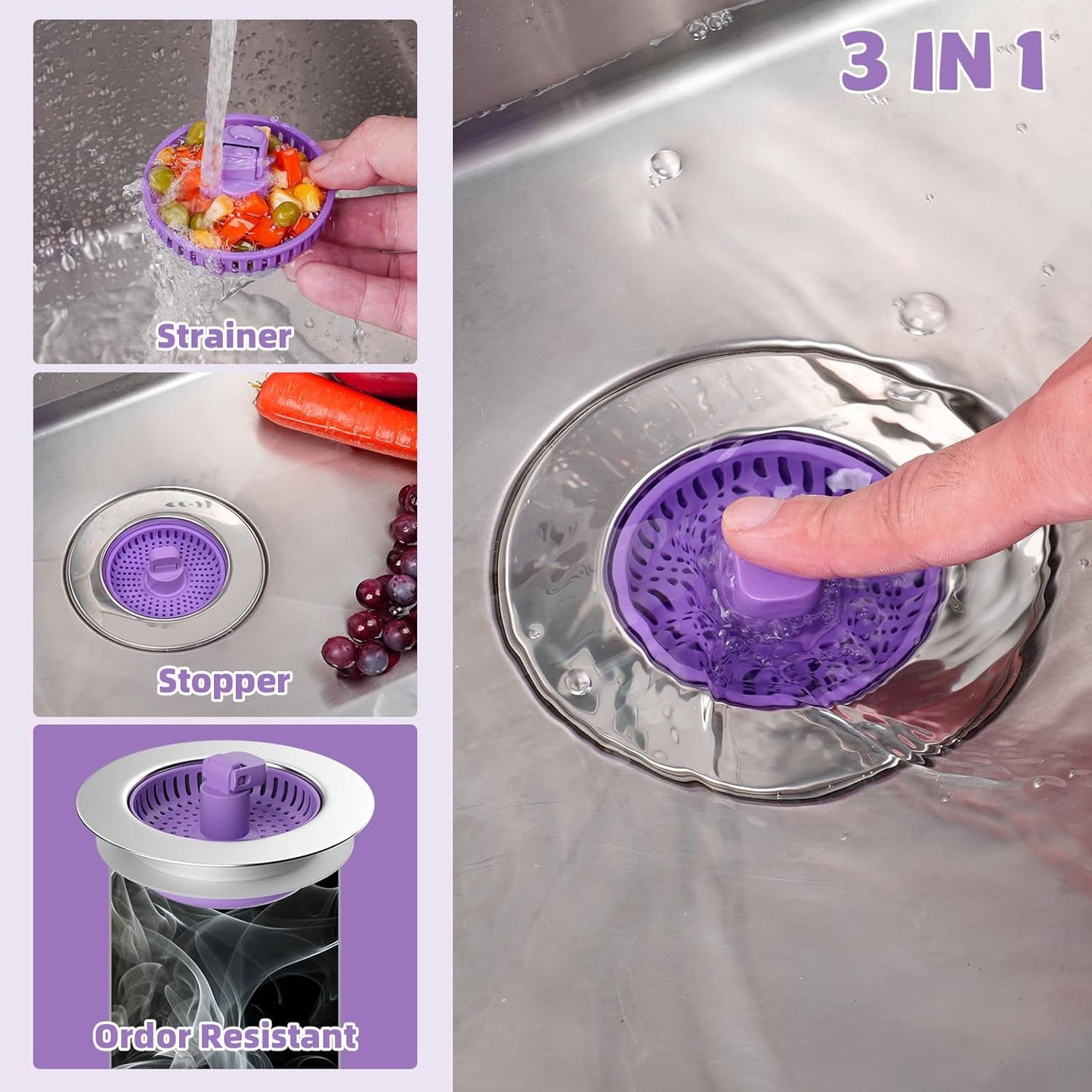 Hibbent 2 Pack Universal 3 in 1 Kitchen Sink Drain Strainer with Sink Stopper, Chrome Stainless Steel Wraped Shell, Anti-Clogging Basket Strainer with Handle, Fit for US Standard 3-1/2" Drain, Purple