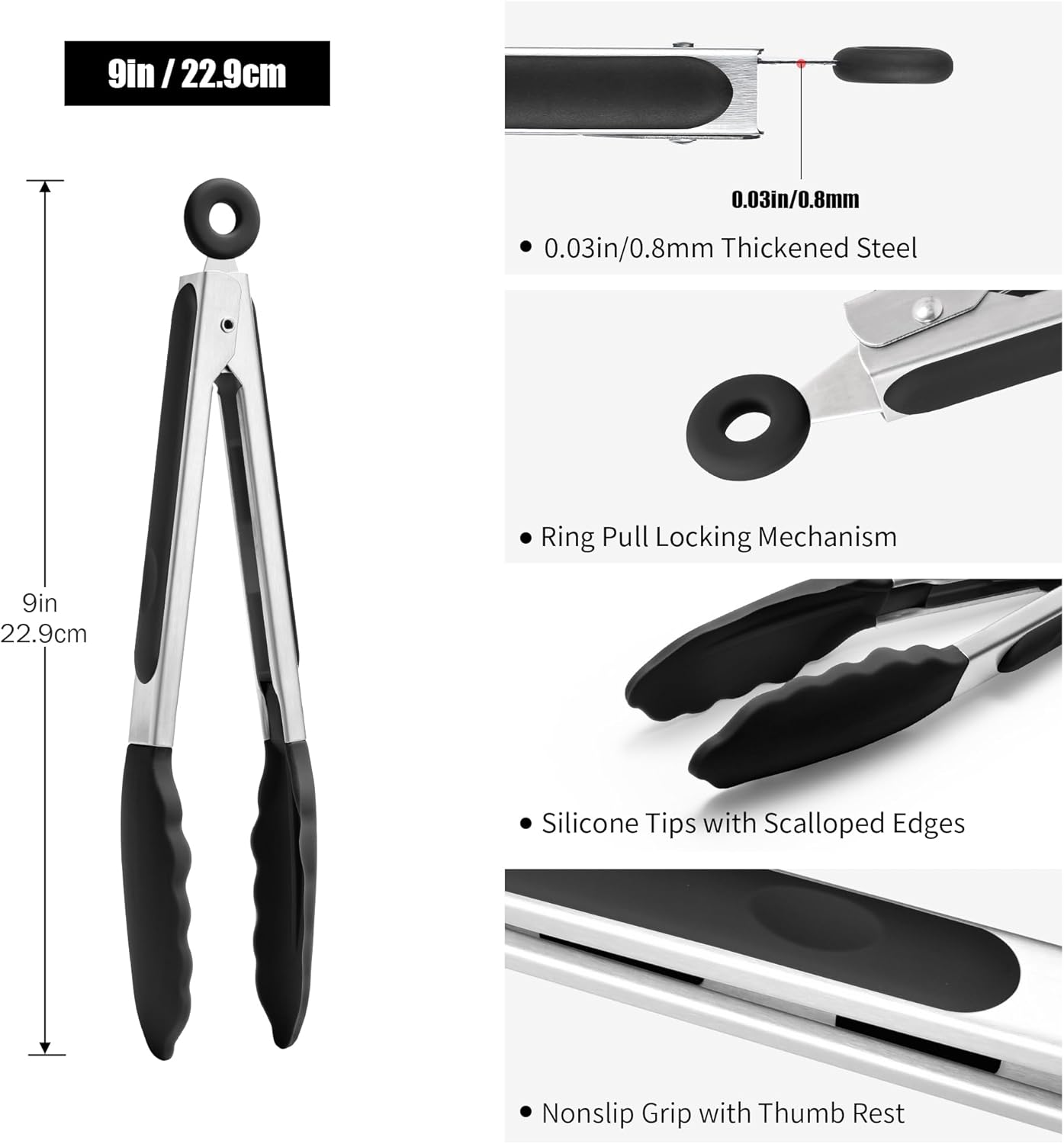 Doosu Kitchen Tongs for Cooking - 600°F Heat Resistant Food Tong with Non-Scratch Silicone Tips, Heavy Duty Stainless Steel Locking Tong for BBQ, Grilling Steak, Serving Salad, Pasta (9in, Black)