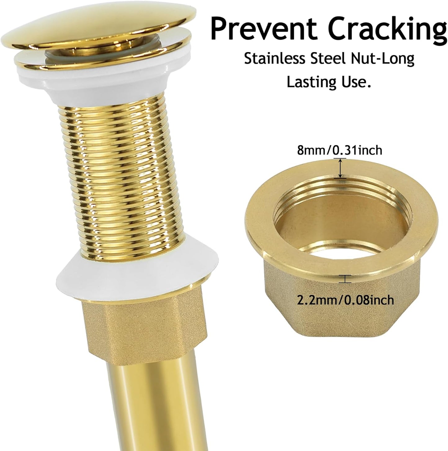 Bathroom Sink Drain, 2 Pack Gold Drain Stopper Without Overflow,Pop Up Drain Assembly Without Detachable Strainer Basket,Built-in Anti-Clogging Strainer,Stainless Steel