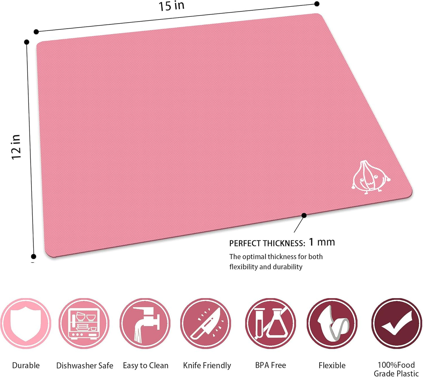 ZVP Plastic Cutting Boards for Kitchen, Flexible Cutting Mats, Gradient Pink Chopping Boards with Food Icon, Non-Slip, Non Porous, BPA Free, Dishwasher Safe