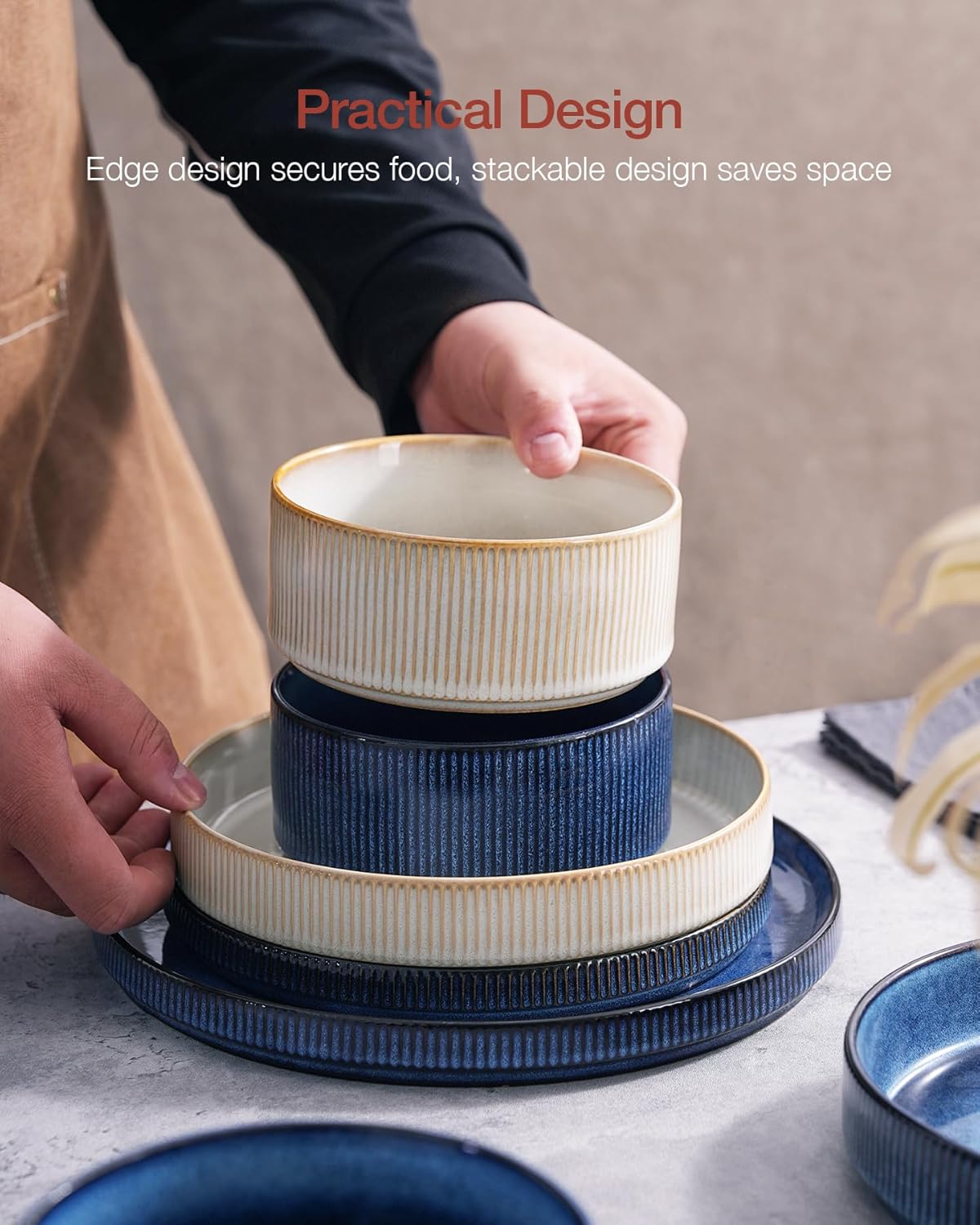 Famiware Star Dinnerware Set, Plates and Bowls Sets for 4 (12pcs), Ribbed Stoneware Dishes - Chip & Scratch Resistant, Microwave & Dishwasher Safe, Multicolor - Cappuccino White & Nebulas Blue