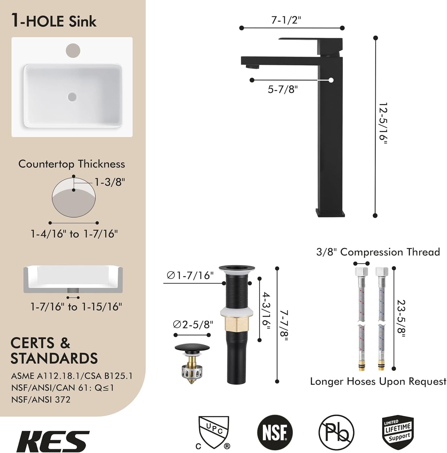 KES Vessel Sink Faucet and Drain Combo, Black Bathroom Faucets, Tall Faucets, All-Metal Pop Up Sink Drain NO Overflow, Matte Black, L3156BLFF12-BK-C2