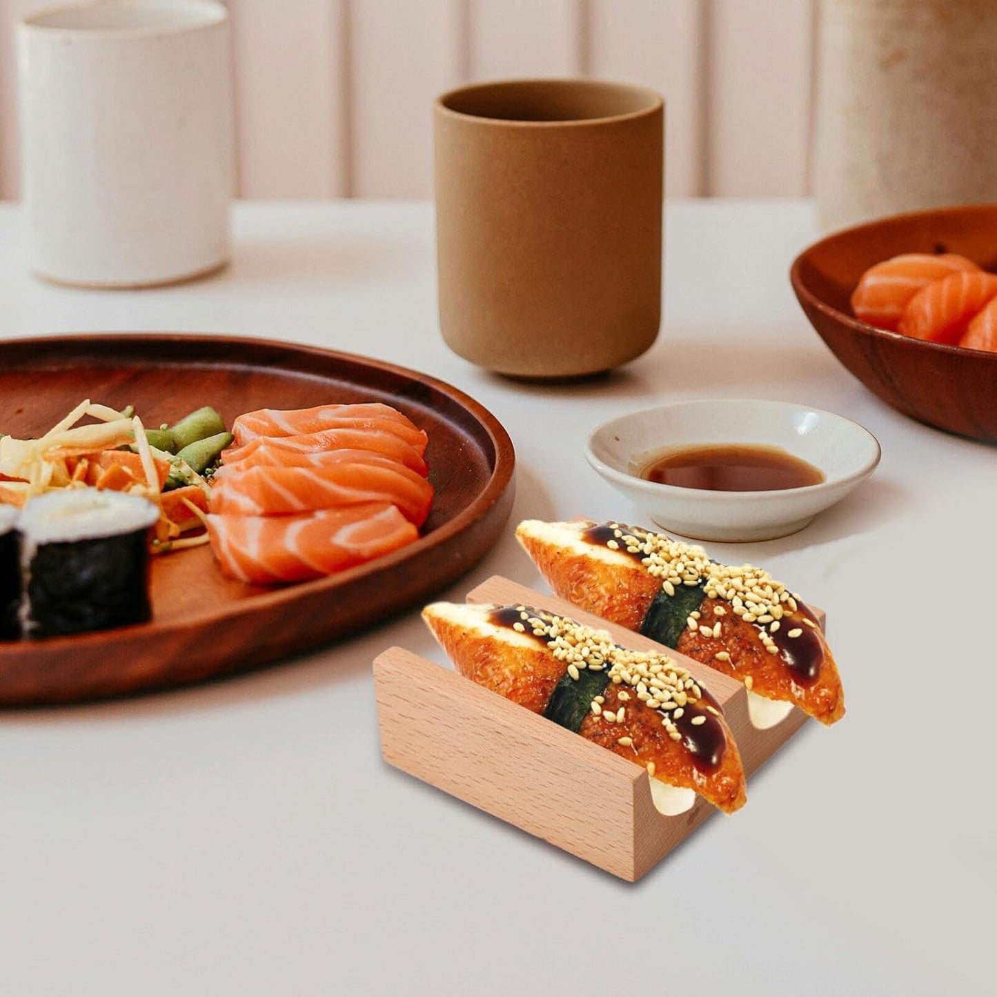 Alipis Wooden Sushi Taco Holder, Sushi Roll Rack U Shaped Sashimi Plate, 2 Slot Sushi Hand Roll Stand Sashimi Serving Tray Food Display Stand