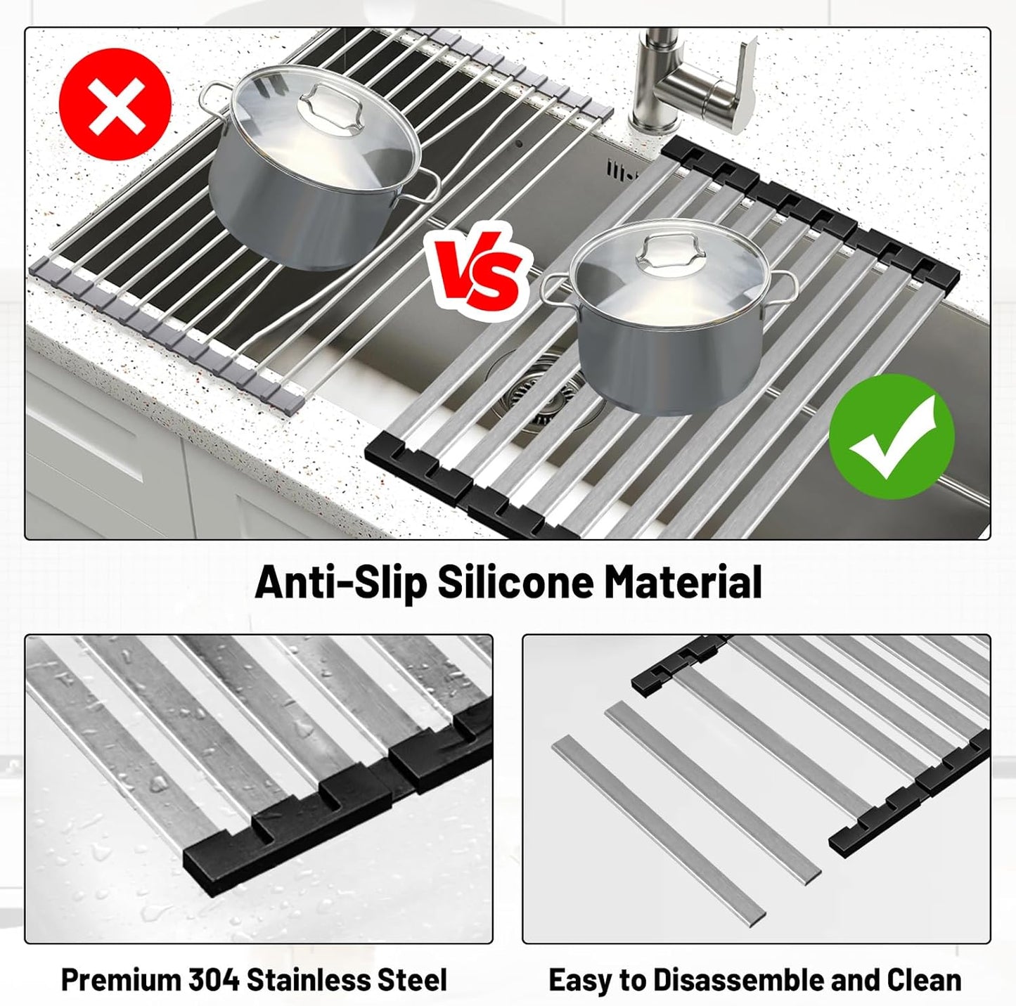 21.5" X 13" Dish Drying Rack, Over Sink Drying Rack, Kitchen Roll Up 304 Stainless Steel Drain Rack, Roll Up for Kitchen and RV Sinks, Black