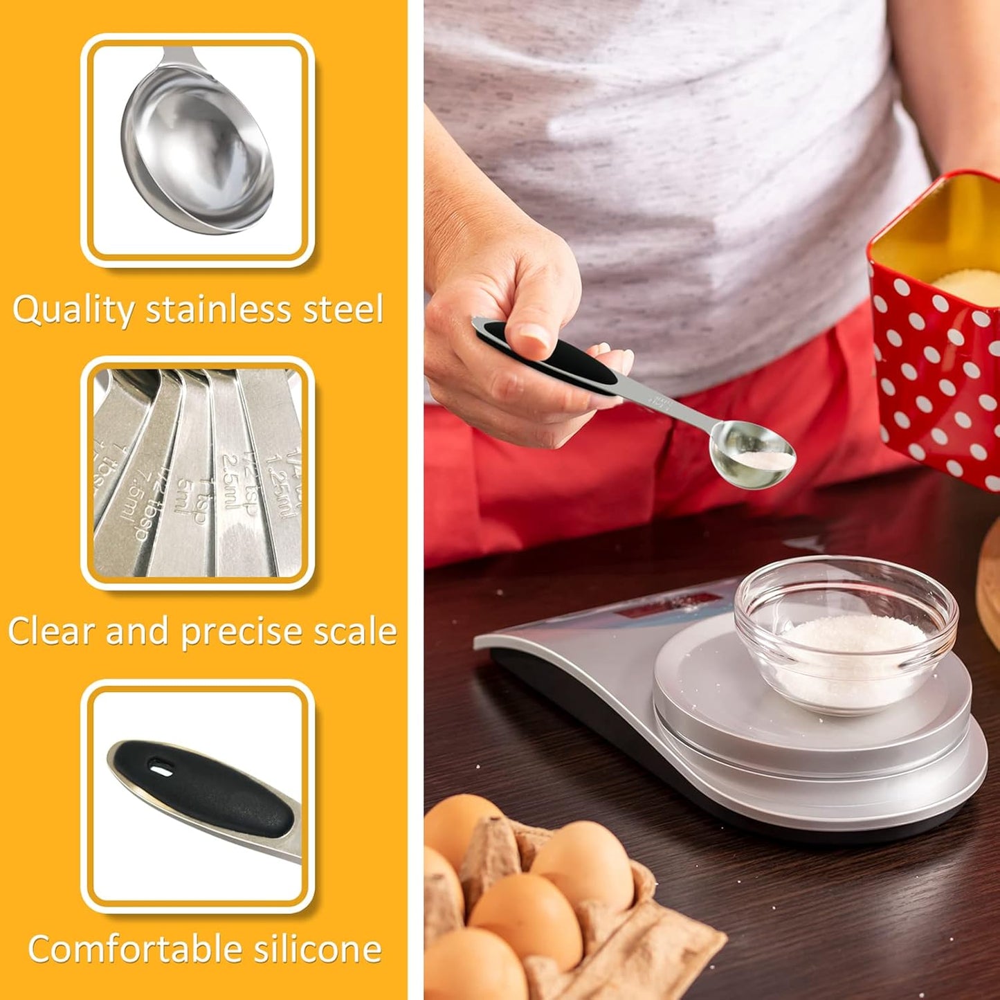 4PCS 1 Tsp(1/3tbsp, 1/6oz, 5ml) Single Measuring Spoon with Black Silicone Grip, Stainless Steel Individual Measure Scoop Only