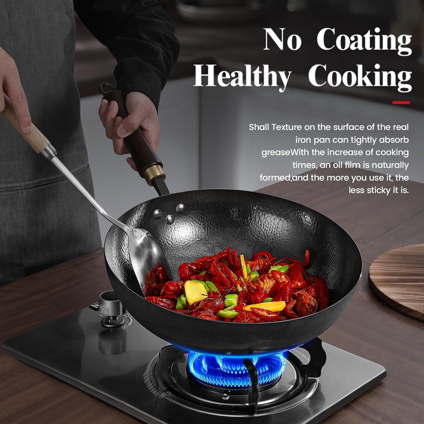 Carbon Steel Pan, 13.5″ Woks & Stir-Fry Pans with Wooden Lid Cookwares, Nonstick Wok, No Chemical Coated Flat Bottom Hand Hammered Chinese Wok For Gas